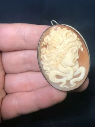 Vintage 800 Silver Oval Medusa Carved Shell Cameo Pin Brooch Snakes Pendant