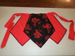 Vintage Ladies Handmade Red And Black Floral Half Apron With Pockets & Rick Rack