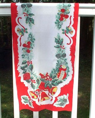 Vintage Christmas Print Table Runner Scarf Red Teal Bells Holly Bells Ribbons