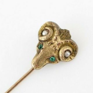 Antique Yellow Gold Pearl And Emerald 3d Ram Lapel Stick Pin 1.  3 Grams