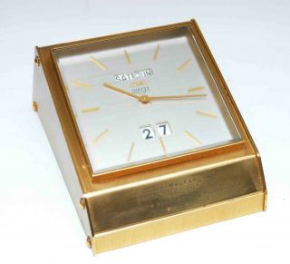 Vintage Ergas Shreve Crump Low Brass Desk Clock Day Date 15 Jewel Swiss