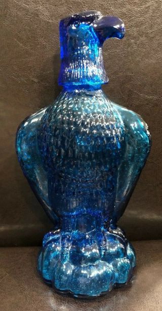 Vintage Blue Glass Decanter Bottle Eagle Bird Shaped Shot Glass Head