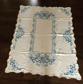 Vintage Cotton Tablecloth Cross Stitch Embroidery Dining Kitchen 48” X 62” Blue