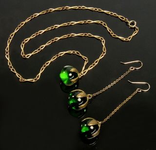 Art Deco Emerald Green Glass Pools Of Light Orbs Necklace Earrings Set