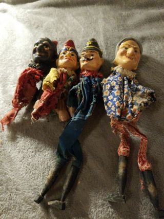 Vintage Handmade Punch And Judy Paper Mache & Wood Hand Puppets Devil Constable