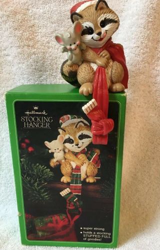 Vintage Hallmark Raccoon & Mouse Christmas Stocking Hanger Holder