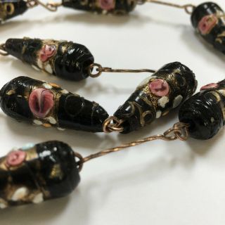 Vintage Art Deco Black Venetian Wedding Cake Lampwork Glass Beads Necklace Gold