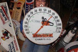 Large Vintage Olympyk Chain Saws Gas Oil Farm 18 " Metal & Glass Thermometer Sign
