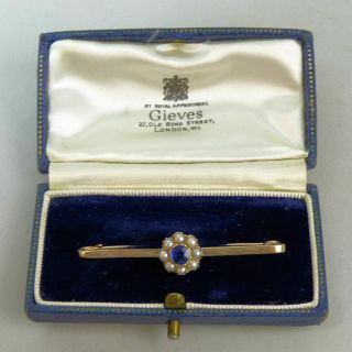 Victorian Antique 9 Ct Gold Sapphire & Seed Pearl Bar Brooch C.  1890 - 4 Grams