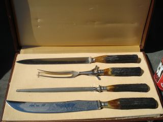 Vtg 4 Pc.  Carving Set,  Friodur J.  R.  Henckels 2 Knives & Sharpener Fork Germany