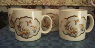 Set Of 4 Hummingbird Decorated 10 Oz Coffee Cups Gold Trim