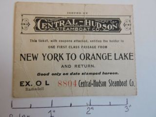 Orig 1909 Central - Hudson River Steamboat Co.  York City Orange Lake Ticket