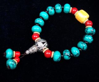 Tibetan Traditional Bangle Bracelet Turquoise Coral Yellow Silver Beads 083015