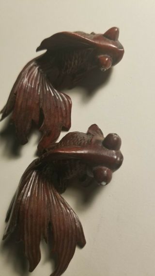 Chinese Hand Carved 2 Wooden Koi Fish 3 " Glass Eyes Vintage.