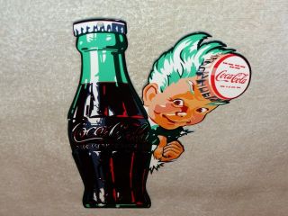 Vintage Drink Coca Cola W/ Sprite Boy & Bottle 12 " Metal Soda Pop Gas & Oil Sign