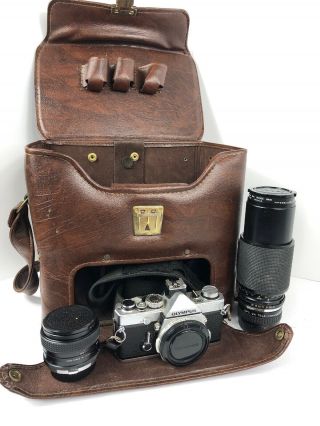 Vtg Olympus Om - 1n Md 35mm Slr Film Camera W/ 28mm & 80 - 200mm Lenses Leather Case