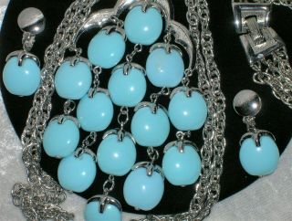 Vintage Signed Crown Trifari Waterfalls Blue 3 Strand Necklace & Earring Set