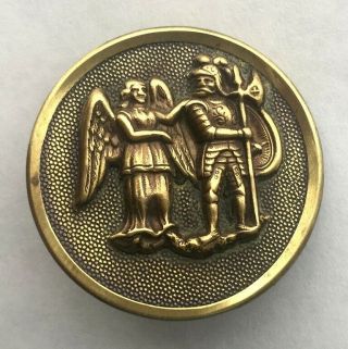 Large Antique Metal Picture Button,  Archangel With Crusader/soldier