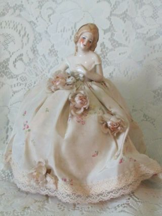 Antique Porcelain Pin Cushion Half Doll Boudoir Lady Vanity Figurine
