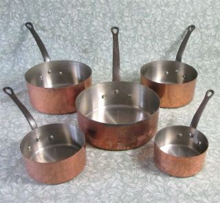 Vintage French Tournus Copper 4 Saucepans And Saute Pan 5.  3 Kg Iron Hand