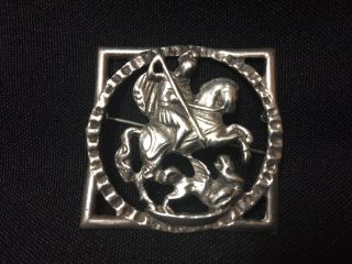 Vintage Sterling Silver 925 St.  George Fighting Dragon Square Pin Brooch Fs