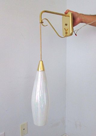 Vtg Moe 60s Mid Century Danish Modern Elongated Pendant Brass Arm Sconce Light