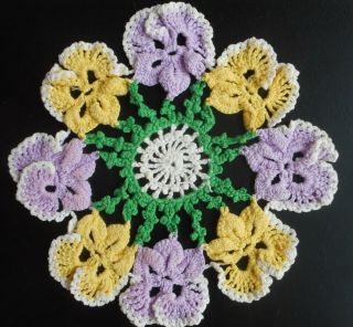 Handmade Vintage Crochet Doily,  7.  5 " Round,  Purple & Yellow Pansies Flowers