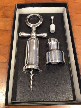 Vtg Wine Opener Set Made In Italy Silver - Plate Wine Cork Screw Bottle Pour Spout