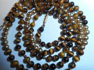 14k Gold Tigers Eye & 14k Gold Beads & Cultured Pearl 28 " Long Necklace Vintage