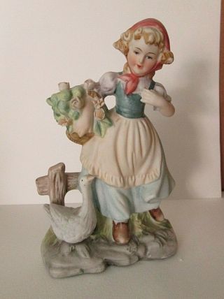 Vintage Lefton China Country Girl W/ Roses Hand Painted Figurine Goose
