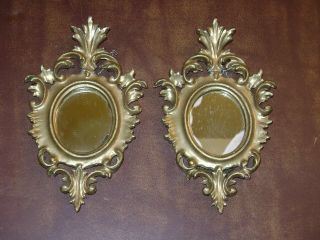 Vintage Pair Ornate Gold Gilt Small Accent Wall Mirrors Hollywood Regency Italy