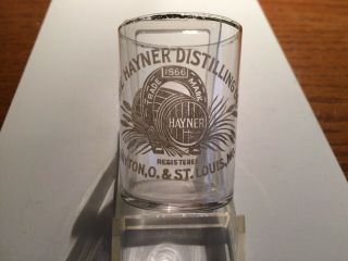 Pre Prohibition Hayner Distilling Co.  Etched Shot Glass Dayton,  Oh St.  Louis,  Mo