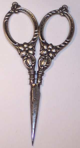 Fine Antique Sterling Silver Embroidery Sewing Scissors Lily Flower Scroll Exc
