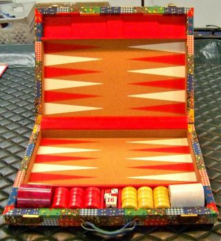 Vintage Crisloid Backgammon Set,  Patchwork Design,  Bakelite Checkers.