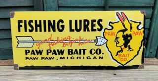 Old Paw Paw Bait Co.  Fishing Lures Porcelain Gas Station Pump Sign Michigan