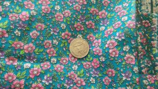 Vintage Cotton Fabric Small Pink Purple Floral On Teal 1 Yd/44 " Wide