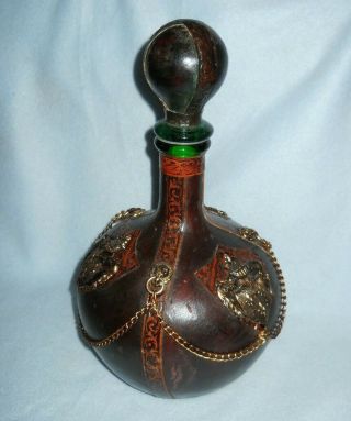 Large Vintage Leather Covered Glass Decanter W/ Lions Shields Chains 2 Qt.