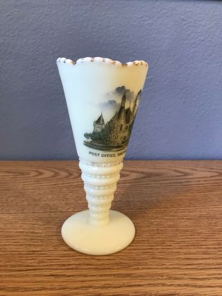 Fenton Custard Glass Fancy 6 " Souvenir Vase - Post Office,  Saginaw Michigan