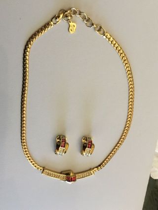 Authentic Vintage Christian Dior Faux Ruby & Diamond Necklace & Clip Earrings