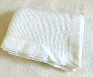 Cozy Baby Blanket White Waffle Weave Thermal Nylon Trim Vintage J E Morgan Usa