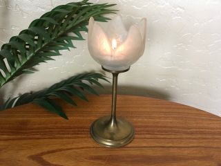 Vintage Brass And Frosted Glass Tulip Flower Votive Candle Holder