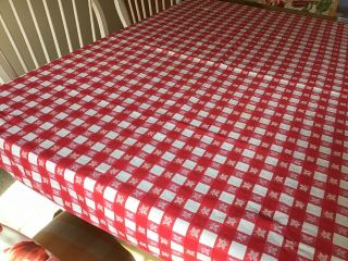 Vintage Red And White Checked Checkered Tablecloth Maple Leaf 62” X 49”
