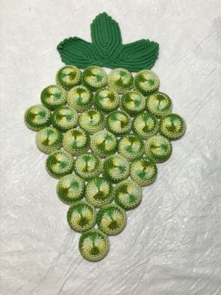Vtg Hand Crochet Variegated Green Grape Cluster Bottle Cap Pot Hot Pad Trivet