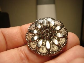 Antique Black Glass Silver Lustre Flower Design Large Button