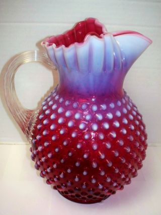 Vintage Fenton Cranberry Opalescent Hobnail Ice Lip 9 " Water Pitcher