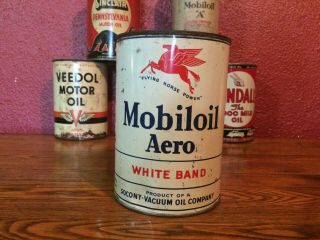 Vintage Socony - Vacuum Mobil White Band Aero Motor Oil Can Metal Full Aviation