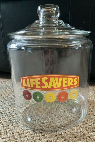 Large Rare Glass Life Saver Candy Jar With Lid 10 Inches Tall