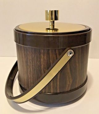 Vintage Kromex Ice Bucket With Faux Walnut Wood Grain And Gold Trim