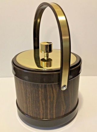 Vintage Kromex Ice Bucket With Faux Walnut Wood Grain And Gold Trim 2