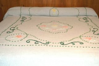 Chenille Bed Spread,  Vintage Green And White With Flowers